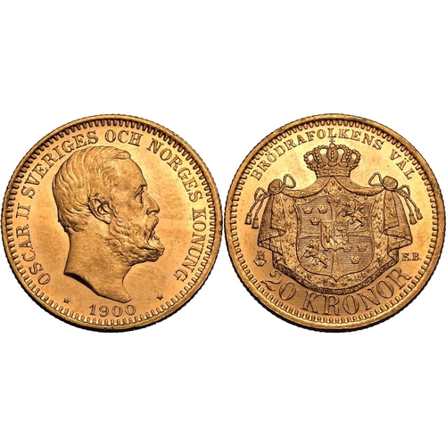 134 - SWEDEN. Oscar II, 1872-1907. Gold 20 kronor, 1900 EB. Stockholm. Fourth bare head facing right, engr... 