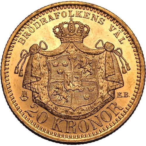 134 - SWEDEN. Oscar II, 1872-1907. Gold 20 kronor, 1900 EB. Stockholm. Fourth bare head facing right, engr... 