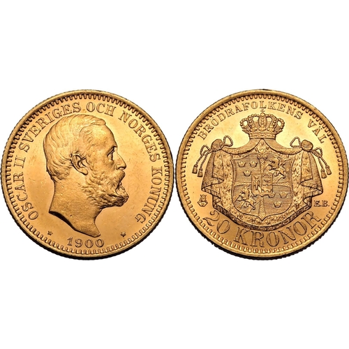 135 - SWEDEN. Oscar II, 1872-1907. Gold 20 kronor, 1900 EB. Stockholm. Fourth bare head facing right, engr... 