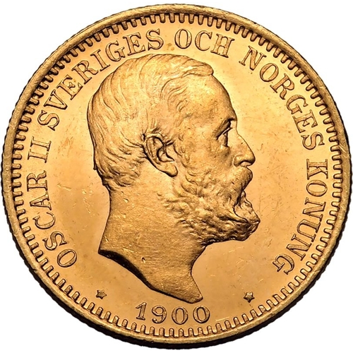 135 - SWEDEN. Oscar II, 1872-1907. Gold 20 kronor, 1900 EB. Stockholm. Fourth bare head facing right, engr... 