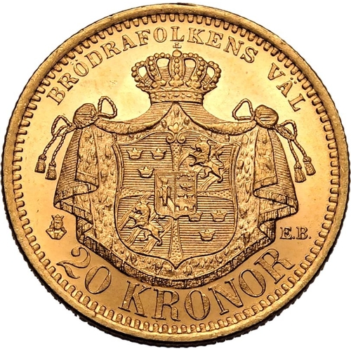 135 - SWEDEN. Oscar II, 1872-1907. Gold 20 kronor, 1900 EB. Stockholm. Fourth bare head facing right, engr... 