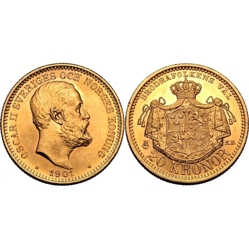 137 - SWEDEN. Oscar II, 1872-1907. Gold 20 kronor, 1901 EB. Stockholm. Fourth bare head facing right, engr... 