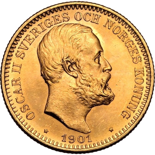 137 - SWEDEN. Oscar II, 1872-1907. Gold 20 kronor, 1901 EB. Stockholm. Fourth bare head facing right, engr... 