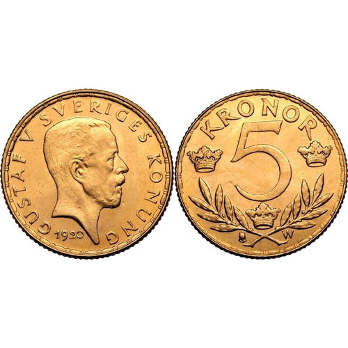 139 - SWEDEN. Gustaf V, 1907-50. Gold 5 kronor, 1920 W. Stockholm. Head of King Gustaf V facing right, dat... 