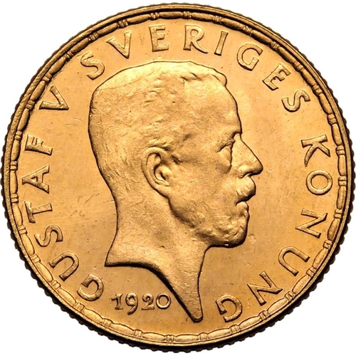 139 - SWEDEN. Gustaf V, 1907-50. Gold 5 kronor, 1920 W. Stockholm. Head of King Gustaf V facing right, dat... 