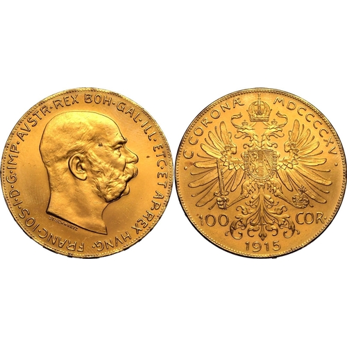 14 - AUSTRIA. HABSBURG. Franz Joseph I. Gold 100 corona, 1915. Vienna. Bared headed portrait facing right... 