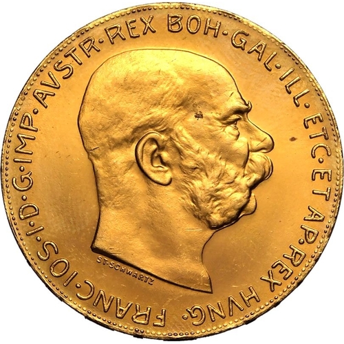 14 - AUSTRIA. HABSBURG. Franz Joseph I. Gold 100 corona, 1915. Vienna. Bared headed portrait facing right... 