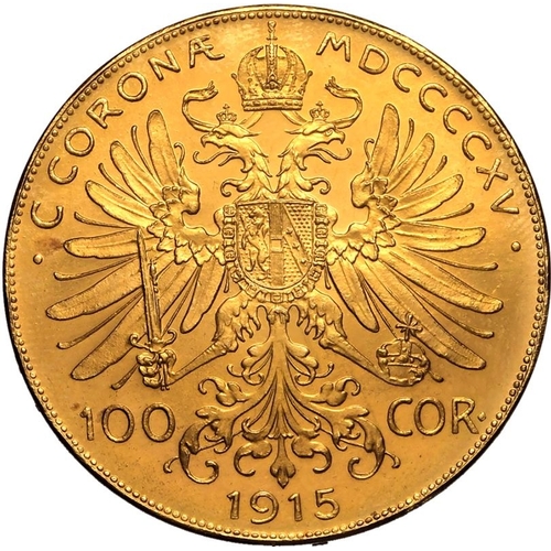 14 - AUSTRIA. HABSBURG. Franz Joseph I. Gold 100 corona, 1915. Vienna. Bared headed portrait facing right... 