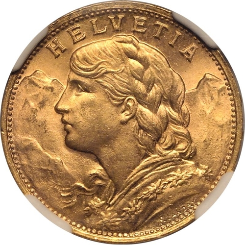 141 - SWITZERLAND. Gold 20 francs, 1922. Bern. Bust portrait of a female personification of Helvetia facin... 