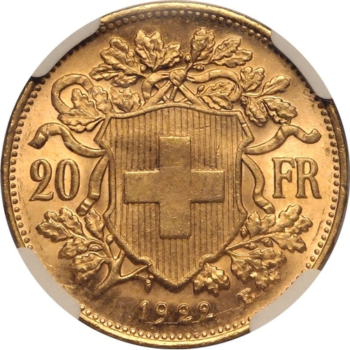 141 - SWITZERLAND. Gold 20 francs, 1922. Bern. Bust portrait of a female personification of Helvetia facin... 