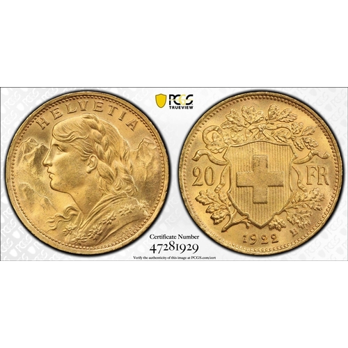 142 - SWITZERLAND. Gold 20 francs, 1922. Bern. Bust portrait of a female personification of Helvetia facin... 