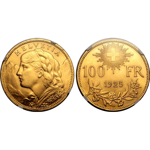 143 - SWITZERLAND. Federal State. Gold 100 francs, 1925. Bern. Obv: Bust of young woman from Oberhasli fac... 