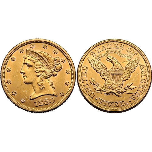 144 - UNITED STATES. HALF EAGLE. Coronet Head, 1839-1908. Gold 5 dollars, 1880. Philadelphia. Coronet head... 