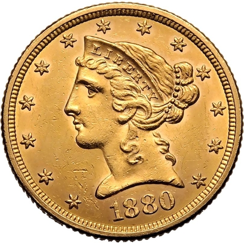 144 - UNITED STATES. HALF EAGLE. Coronet Head, 1839-1908. Gold 5 dollars, 1880. Philadelphia. Coronet head... 