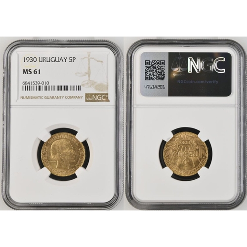 150 - URUGUAY. Gold 5 pesos, 1930. Paris. 100,000 coins were minted but only 14,415 were released to circu... 