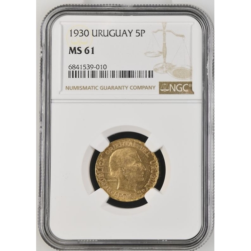 150 - URUGUAY. Gold 5 pesos, 1930. Paris. 100,000 coins were minted but only 14,415 were released to circu... 