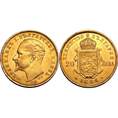 17 - BULGARIA. Ferdinand I, 1887-1918. Gold 20 lewa, 1894. Kremnica. Bust of Ferdinand I, 'A.S.' below. C... 