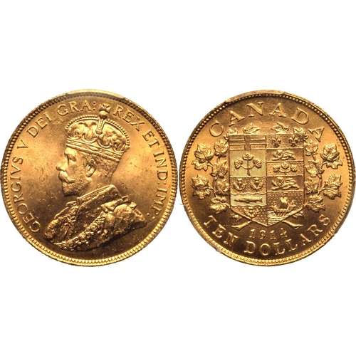 19 - CANADA. Gold 10 dollars, 1914. Ottawa. Crowned and mantled bust of George V facing left; GEORGIVS V ... 