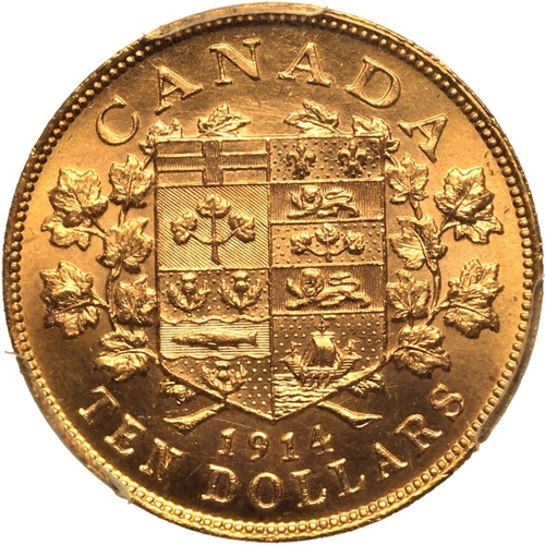 19 - CANADA. Gold 10 dollars, 1914. Ottawa. Crowned and mantled bust of George V facing left; GEORGIVS V ... 