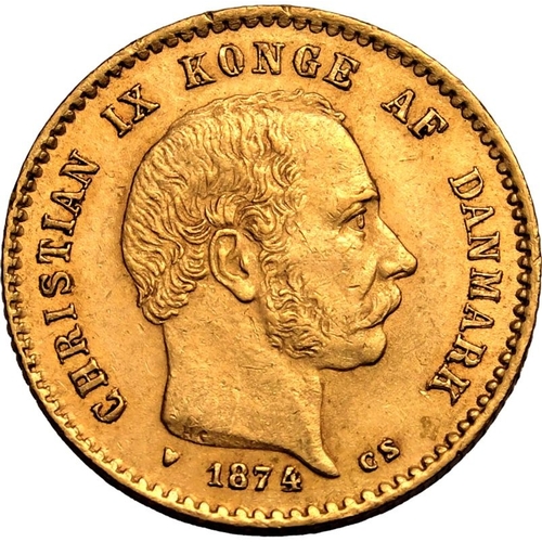 27 - DENMARK. Christian IX. Gold 10 kroner, 1874 CS. Copenhagen. head of Christian IX right, legend aroun... 