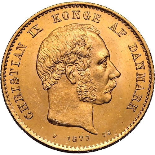 28 - DENMARK. Christian IX. Gold 20 kroner, 1877 CS. Copenhagen. The seated figure is Mother Denmark (Dan... 