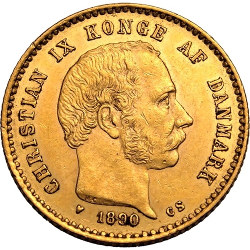 29 - DENMARK. Christian IX. Gold 10 kroner, 1890 HC/CS. Copenhagen. head of Christian IX right, legend ar... 