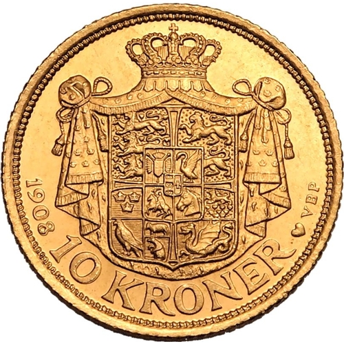 31 - DENMARK. Frederik VIII. Gold 10 kroner, 1908 VBP GJ. Copenhagen. Bust of Frederik VIII facing left, ... 