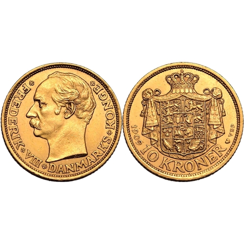 32 - DENMARK. Frederik VIII. Gold 10 kroner, 1909 VBP GJ. Copenhagen. Bust of Frederik VIII facing left, ... 