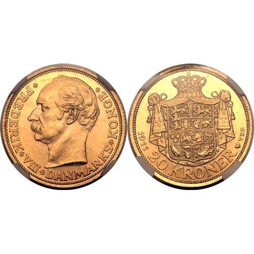 33 - DENMARK. Frederik VIII. Gold 20 kroner, 1911 VBP; GJ. Copenhagen. Obv: head of Frederick VIII facing... 