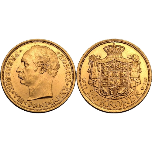 34 - DENMARK. Frederik VIII. Gold 20 kroner, 1911 VBP; GJ. Copenhagen. Obv: head of Frederick VIII facing... 