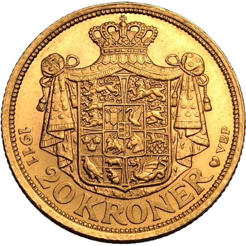 34 - DENMARK. Frederik VIII. Gold 20 kroner, 1911 VBP; GJ. Copenhagen. Obv: head of Frederick VIII facing... 