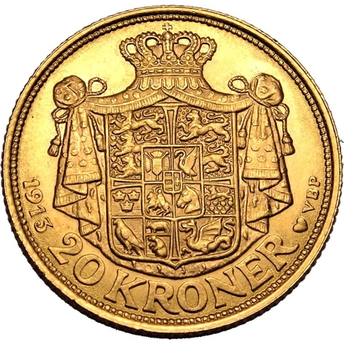 37 - DENMARK. Christian X. Gold 20 kroner, 1913 AH GJ. Copenhagen. Obv: The bust of Christian X facing ri... 