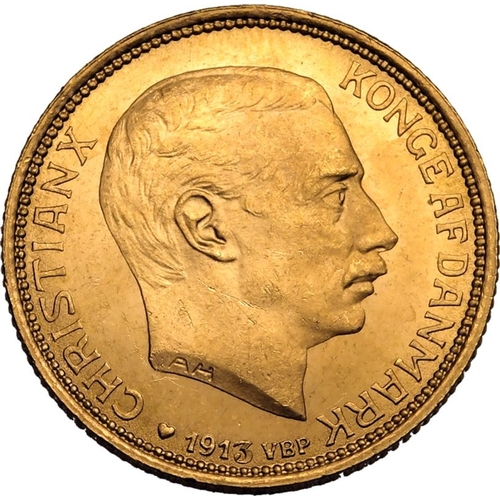 38 - DENMARK. Christian X. Gold 20 kroner, 1913 AH. Copenhagen. Obv: The bust of Christian X facing right... 