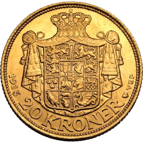 38 - DENMARK. Christian X. Gold 20 kroner, 1913 AH. Copenhagen. Obv: The bust of Christian X facing right... 