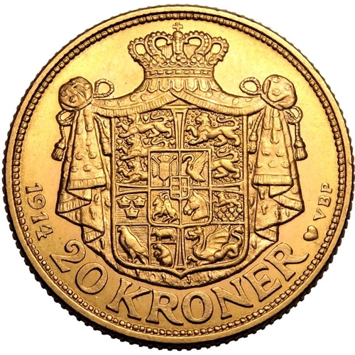 39 - DENMARK. Christian X. Gold 20 kroner, 1914 AH GJ. Copenhagen. Obv: The bust of Christian X facing ri... 