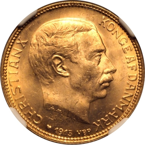 41 - DENMARK. Christian X. Gold 20 kroner, 1915 AH. Copenhagen. Obv: The bust of Christian X facing right... 