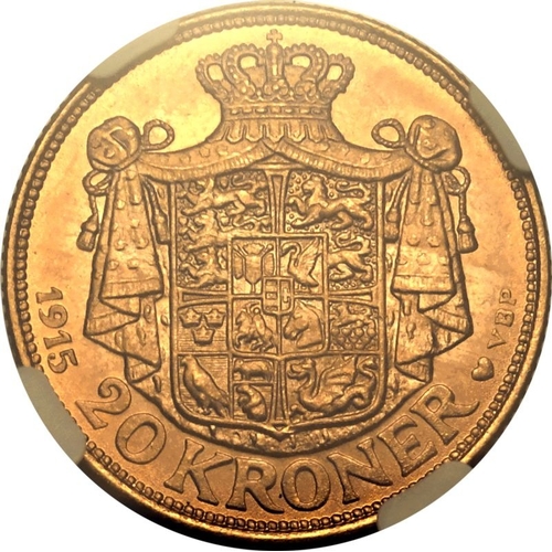 42 - DENMARK. Christian X. Gold 20 kroner, 1915 AH GJ. Copenhagen. Obv: The bust of Christian X facing ri... 