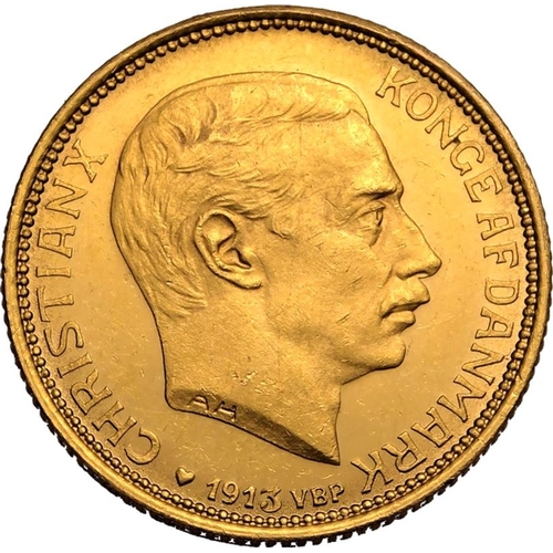 43 - DENMARK. Christian X. Gold 20 kroner, 1915 AH. Copenhagen. Obv: The bust of Christian X facing right... 