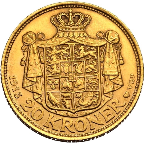 43 - DENMARK. Christian X. Gold 20 kroner, 1915 AH. Copenhagen. Obv: The bust of Christian X facing right... 