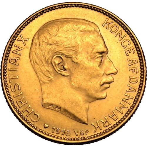 44 - DENMARK. Christian X. Gold 20 kroner, 1916 AH. Copenhagen. Obv: The bust of Christian X facing right... 