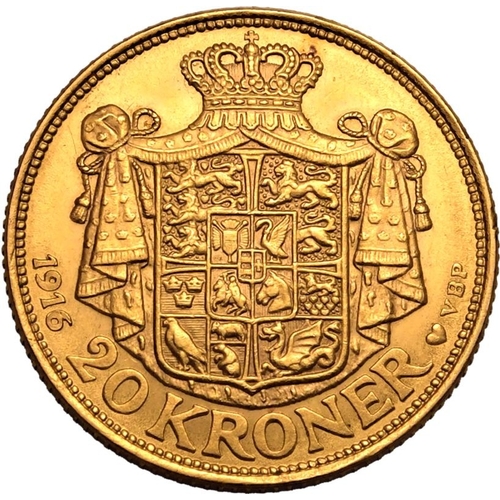 44 - DENMARK. Christian X. Gold 20 kroner, 1916 AH. Copenhagen. Obv: The bust of Christian X facing right... 