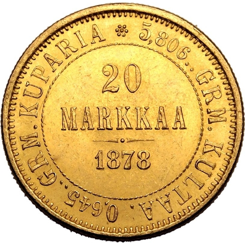 45 - FINLAND. Alexander II, 1855-1881. Gold 20 markkaa, 1878. Crowned double-headed eagle holding orb and... 