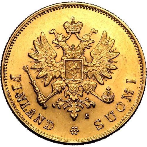 48 - FINLAND. Nicholas II, 1894-1917. Gold 10 markkaa, 1882. Helsinki. Crowned double-headed eagle holdin... 