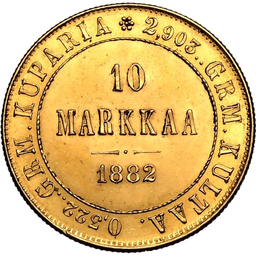 48 - FINLAND. Nicholas II, 1894-1917. Gold 10 markkaa, 1882. Helsinki. Crowned double-headed eagle holdin... 