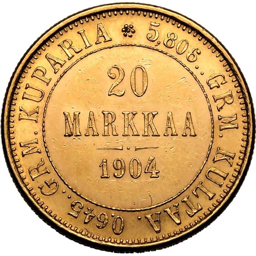 49 - FINLAND. Nicholas II, 1894-1917. Gold 20 markkaa, 1904. Crowned double-headed eagle holding orb and ... 