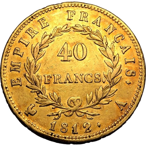 51 - FRANCE. Napoleon I, 1804-14, 1815. Gold 40 francs, 1812 A. Laureate head of Napoleon facing left, su... 