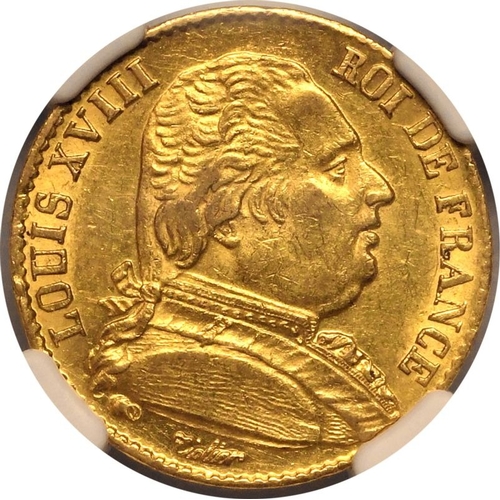 52 - FRANCE. Louis XVIII, 1814-15, 1815-24. Gold 20 francs, 1814 A. Paris. Uniformed bust of Louis XVIII ... 