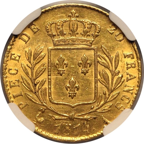 52 - FRANCE. Louis XVIII, 1814-15, 1815-24. Gold 20 francs, 1814 A. Paris. Uniformed bust of Louis XVIII ... 