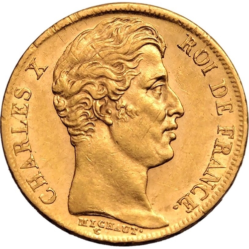 53 - FRANCE. Charles X, 1824-30. Gold 20 francs, 1828 A. Bare head of Charles X facing right, legend read... 