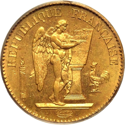 54 - FRANCE. Second Republic, 1848-51. Gold 20 francs, 1849 A. Standing Genius writing the Constitution f... 